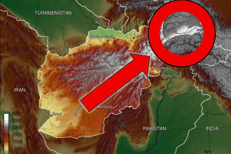 An image of Afganistan, with a circle and arrow pointed towards the Wakhan Corridor.