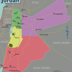 Detailed map showing the unique and irregular borders of Jordan with neighboring countries.