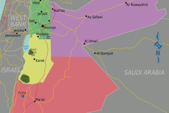 Detailed map showing the unique and irregular borders of Jordan with neighboring countries.