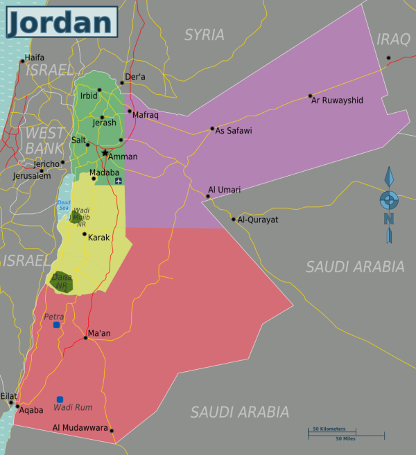 Detailed map showing the unique and irregular borders of Jordan with neighboring countries.