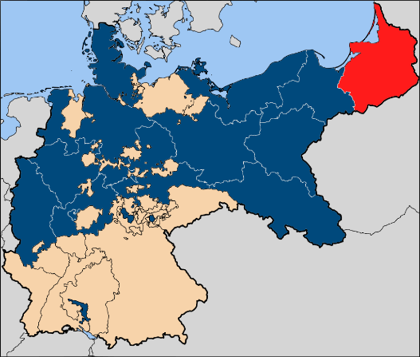 Map of the German Empire showing East Prussia in red.