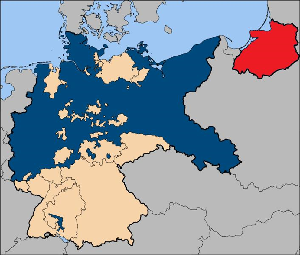 Map of Germany post World War I showing East Prussia in Red
