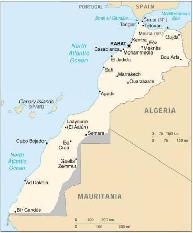 A map including areas Morocco administers in Western Sahara, a UN-listed non-self-governing territory whose status remains disputed.
