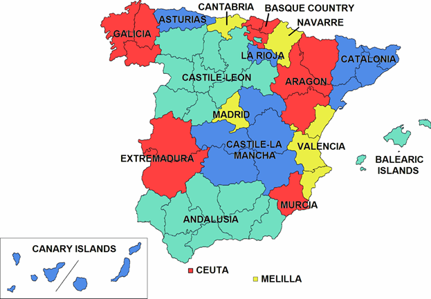 A map of Spain, with Ceuta and Melilla labeled at the bottom.