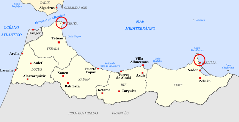 Ceuta and Melilla, circled, in Northern Africa