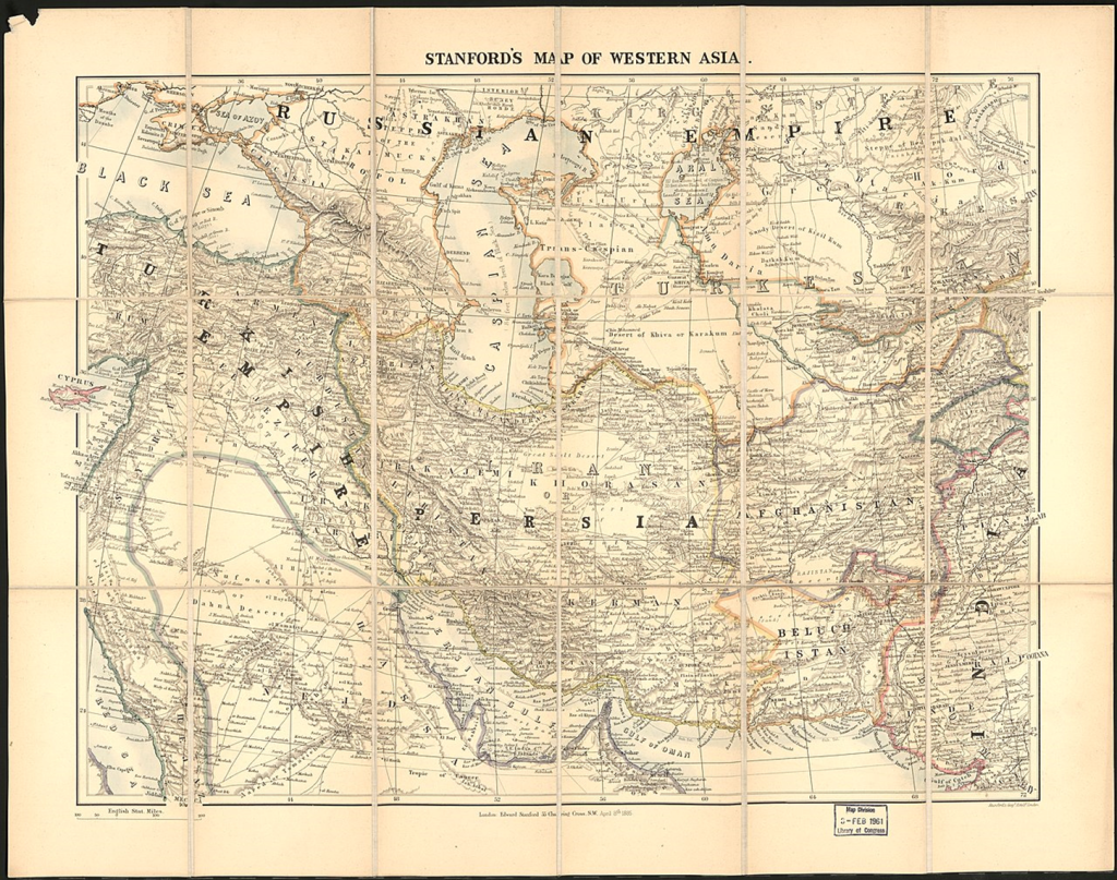 A map of Western Asia in 1885. Afghanistan to the right. British India at the bottom right corner, Russia at the top.