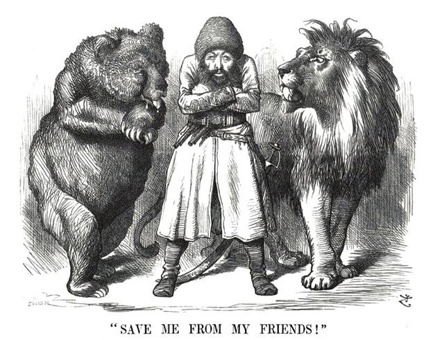 Political cartoon depicting the Afghan Emir Sher Ali with his "friends" the Russian Bear and British Lion (1878)